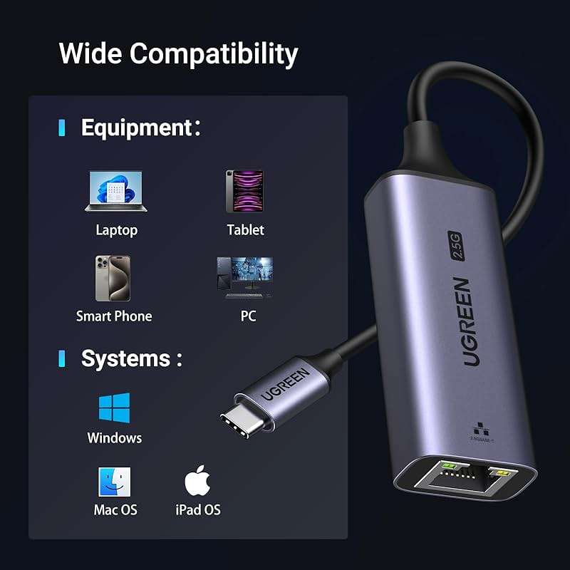 UGREEN USB C to Ethernet Adapter 2.5G, Ethernet Adapter for Laptop, Aluminum, Type C (Thunderbolt 4/3 Compatible) to RJ45 Network Internet, Compatible for NAS, MacBook Air/Pro, XPS, iPhone 17 Pro/Max - Image 6