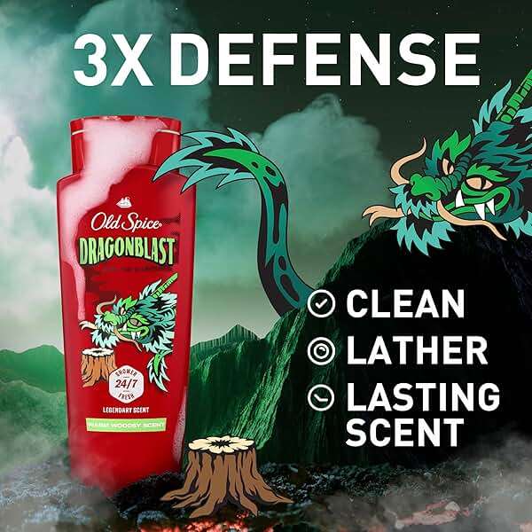 Old Spice Cleansing Body Wash for Men, 3X Defense, 24/7 Shower Fresh with Lasting Scent, 2-in-1 Body & Face Wash, Dragonblast Scent, 24 oz (Pack of 4) - Image 2