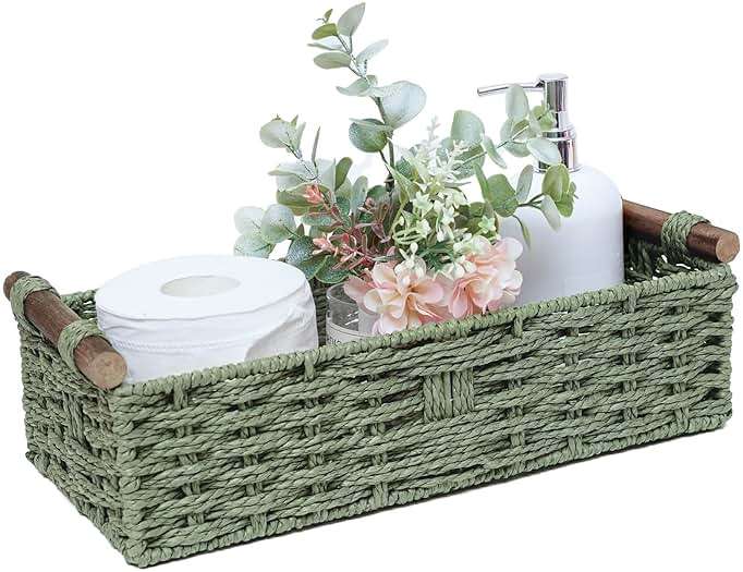 Round Paper Rope Storage Basket Wicker Baskets for Organizing with Handle Decorative Storage Bins for Countertop Toilet Paper Basket for Toilet Tank Top Small Baskets , Green - Image 1