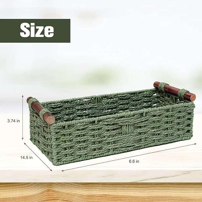 Round Paper Rope Storage Basket Wicker Baskets for Organizing with Handle Decorative Storage Bins for Countertop Toilet Paper Basket for Toilet Tank Top Small Baskets , Green - Image 3