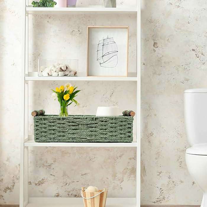 Round Paper Rope Storage Basket Wicker Baskets for Organizing with Handle Decorative Storage Bins for Countertop Toilet Paper Basket for Toilet Tank Top Small Baskets , Green - Image 5