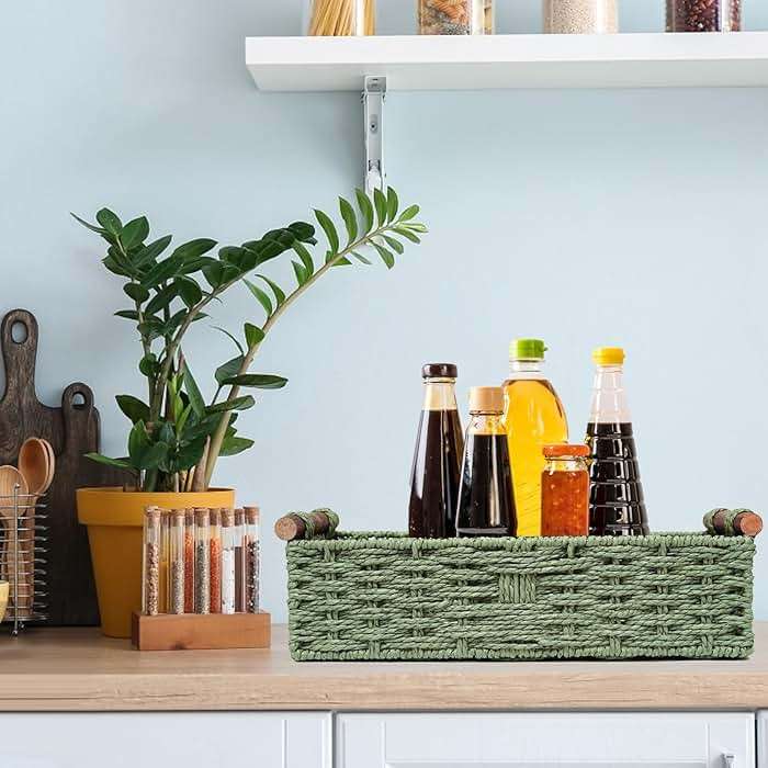 Round Paper Rope Storage Basket Wicker Baskets for Organizing with Handle Decorative Storage Bins for Countertop Toilet Paper Basket for Toilet Tank Top Small Baskets , Green - Image 7
