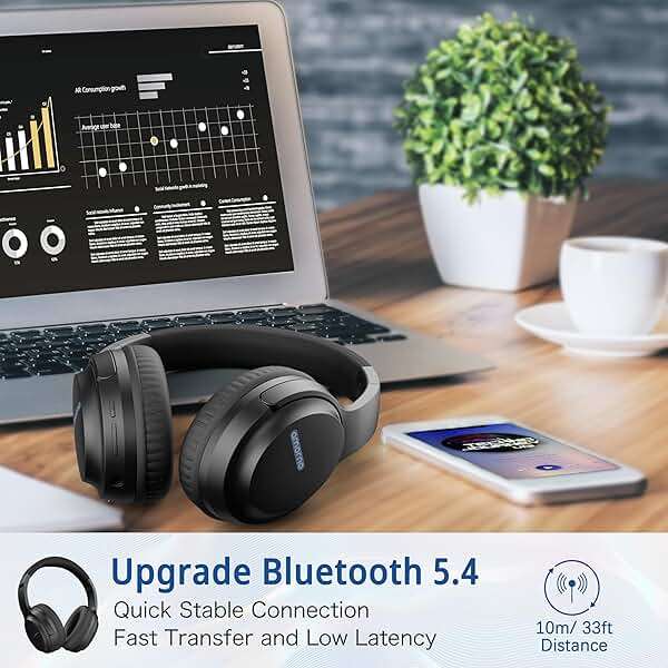 AMORNO Bluetooth Headphones Over Ear, 68 Hours Playtime Wireless Headphones with Mic, Foldable Adjustable Lightweight HiFi Stereo Headset for Cellphone/PC/Work/Travel/Home/Office (Black) - Image 4