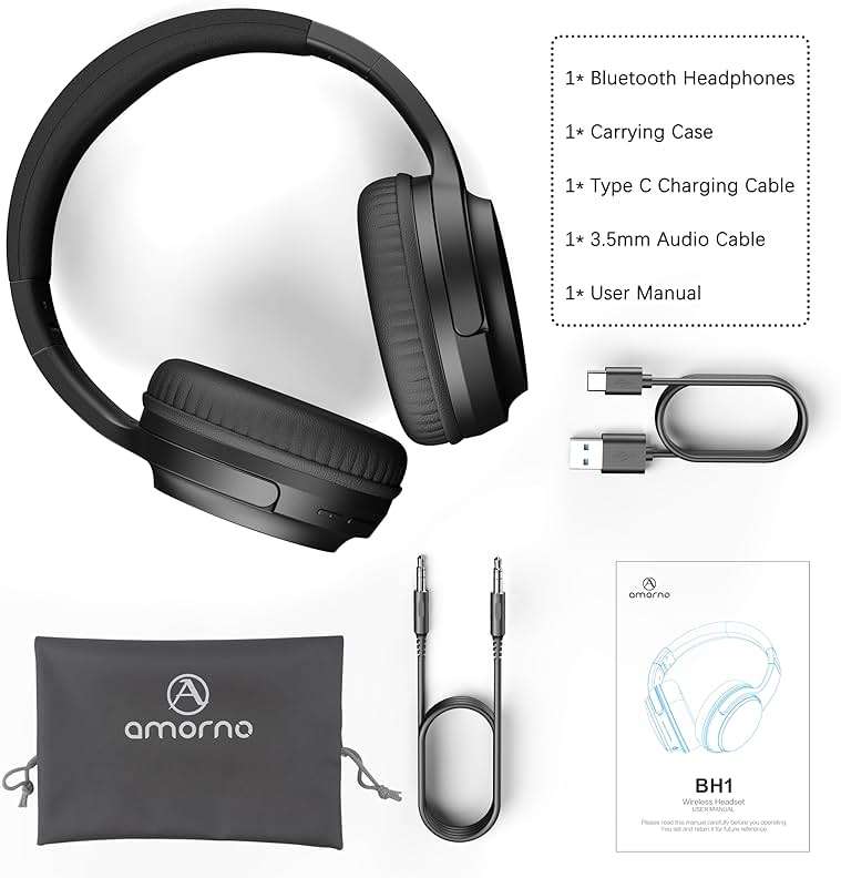 AMORNO Bluetooth Headphones Over Ear, 68 Hours Playtime Wireless Headphones with Mic, Foldable Adjustable Lightweight HiFi Stereo Headset for Cellphone/PC/Work/Travel/Home/Office (Black) - Image 8