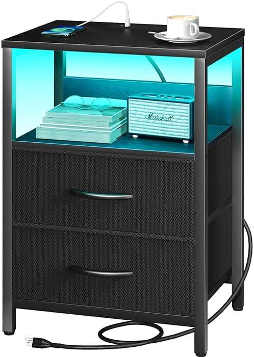 Yoobure Nightstand with Charging Station, LED Night Stand with Fabric Drawers and Storage Shelf for Bedroom, Nightstands Bedside Tables with USB Ports & Outlets, Small Night Stands, Bed Side Table - Image 1