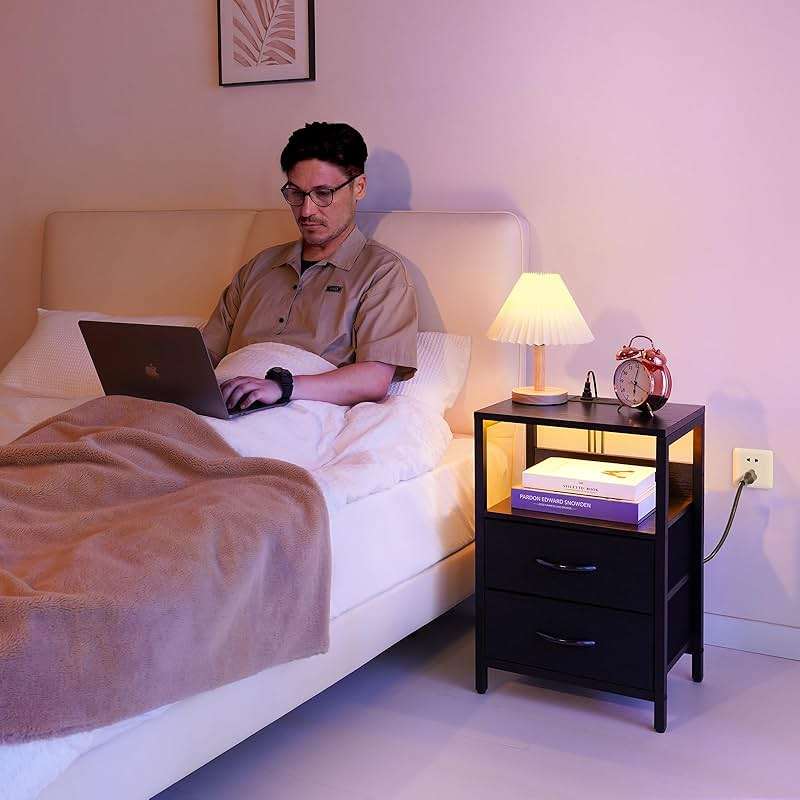 Yoobure Nightstand with Charging Station, LED Night Stand with Fabric Drawers and Storage Shelf for Bedroom, Nightstands Bedside Tables with USB Ports & Outlets, Small Night Stands, Bed Side Table - Image 3