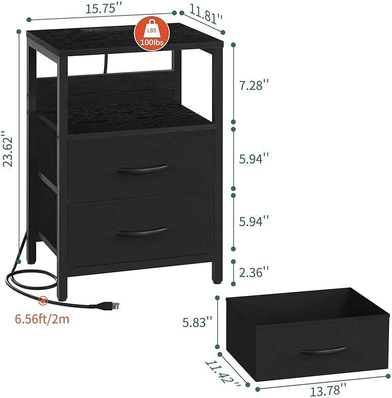 Yoobure Nightstand with Charging Station, LED Night Stand with Fabric Drawers and Storage Shelf for Bedroom, Nightstands Bedside Tables with USB Ports & Outlets, Small Night Stands, Bed Side Table - Image 4