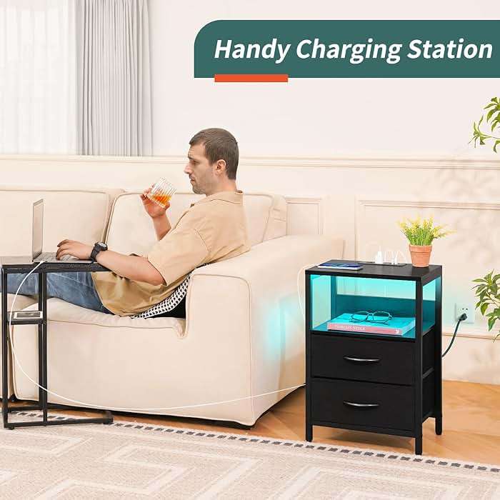 Yoobure Nightstand with Charging Station, LED Night Stand with Fabric Drawers and Storage Shelf for Bedroom, Nightstands Bedside Tables with USB Ports & Outlets, Small Night Stands, Bed Side Table - Image 5
