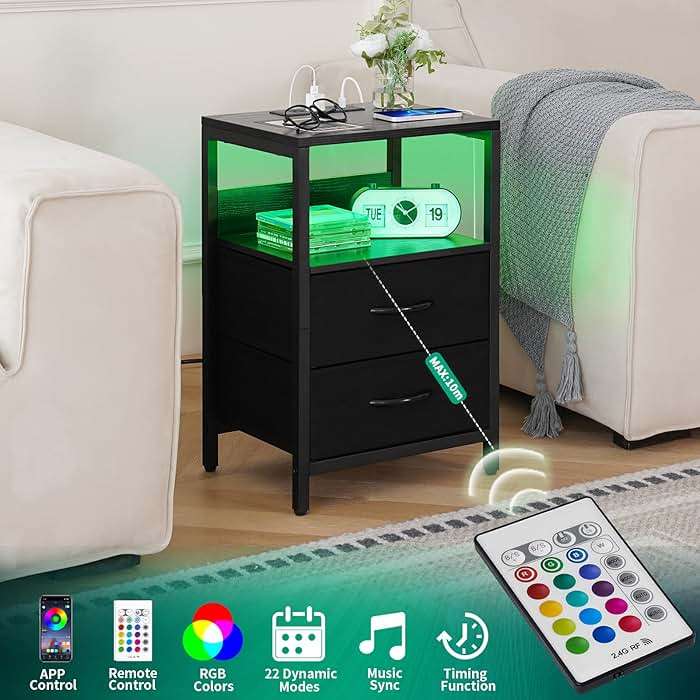 Yoobure Nightstand with Charging Station, LED Night Stand with Fabric Drawers and Storage Shelf for Bedroom, Nightstands Bedside Tables with USB Ports & Outlets, Small Night Stands, Bed Side Table - Image 6