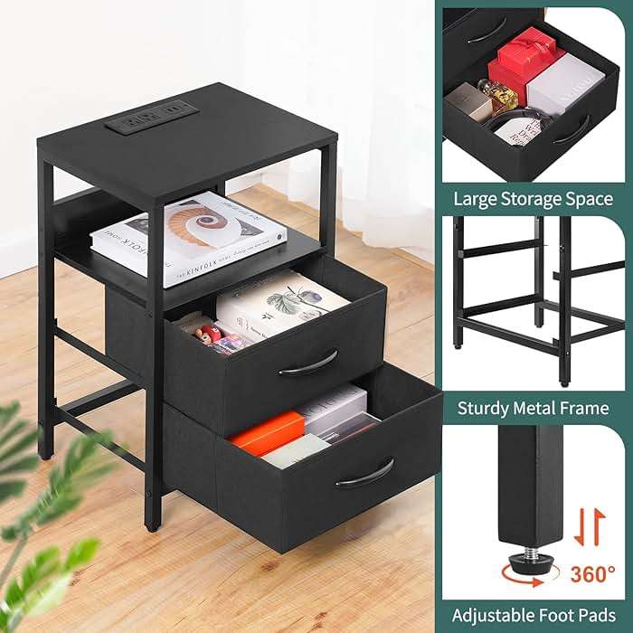 Yoobure Nightstand with Charging Station, LED Night Stand with Fabric Drawers and Storage Shelf for Bedroom, Nightstands Bedside Tables with USB Ports & Outlets, Small Night Stands, Bed Side Table - Image 9