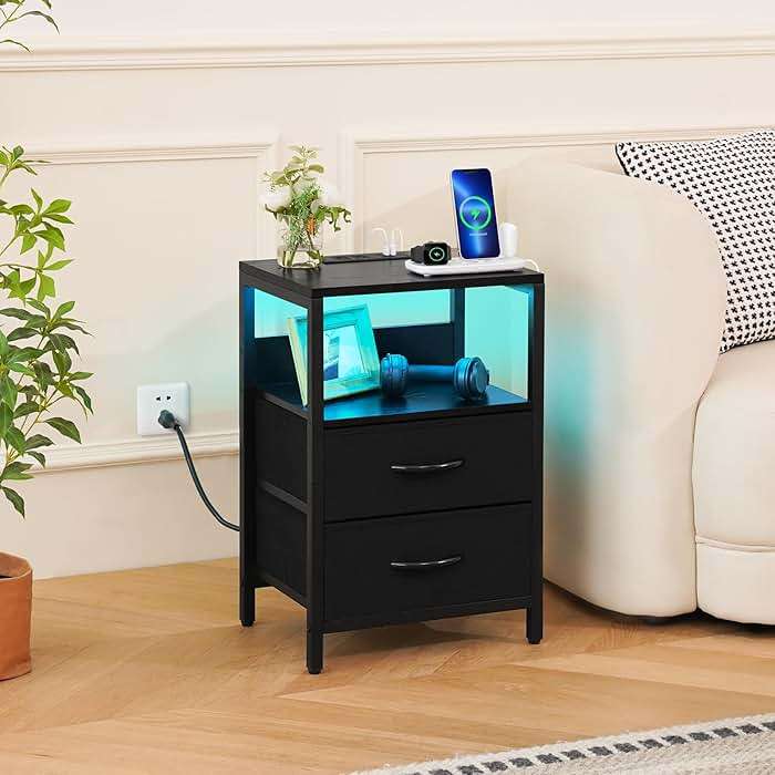 Yoobure Nightstand with Charging Station, LED Night Stand with Fabric Drawers and Storage Shelf for Bedroom, Nightstands Bedside Tables with USB Ports & Outlets, Small Night Stands, Bed Side Table - Image 10