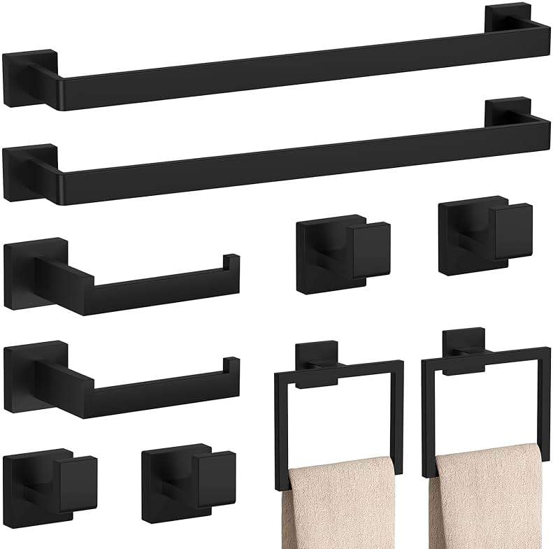10-Pieces Matte Black Bathroom Accessories Set, 23.6 Inch Bath Towel Bar Set, SUS 304 Stainless Steel Bathroom Hardware Set, Towel Racks for Bathroom Wall Mounted. - Image 1
