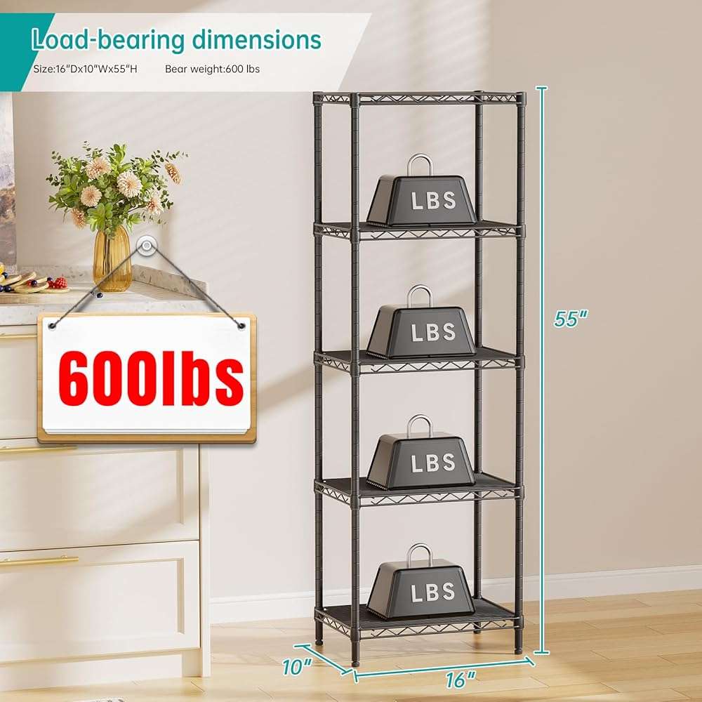 SINGAYE Metal Shelves Wire Shelving：Storage Rack Standing Units Shelf for Kitchen Laundry Bathroom Closet Organizers Pantry Narrow Mesh Adjustable 10" D x 16" W x 55" H Black - Image 3