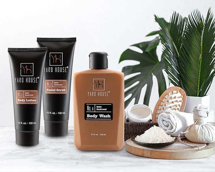 YARD HOUSE Luxury Mens Bath and Body Gift Set Basket For Him - Smoky Sandalwood - All Natural Skin Care Kit For Men w. Full Size Body Wash, Facial Scrub, Body Lotion, Deodorant in Leather Toiletry Bag - Image 2
