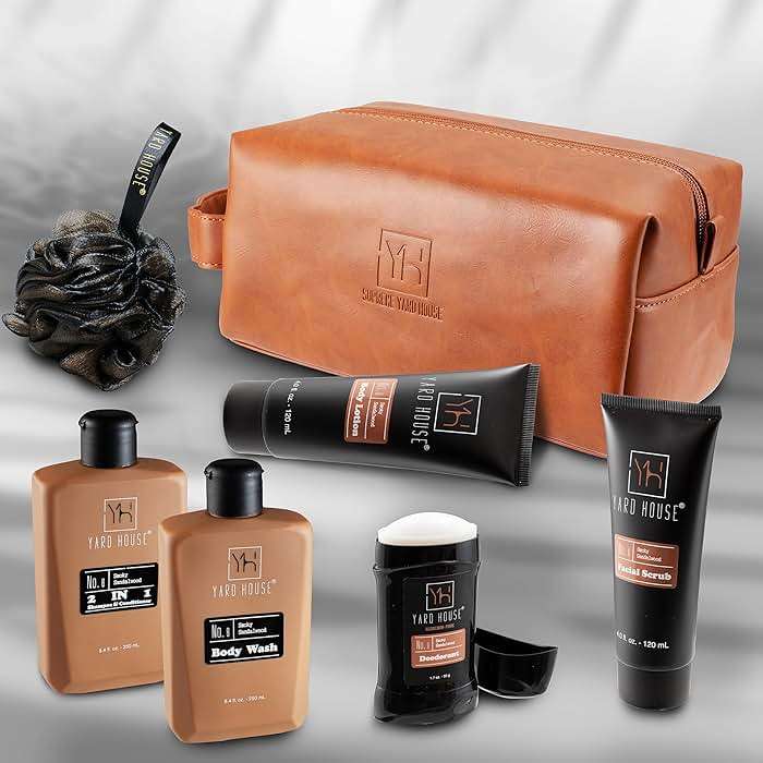 YARD HOUSE Luxury Mens Bath and Body Gift Set Basket For Him - Smoky Sandalwood - All Natural Skin Care Kit For Men w. Full Size Body Wash, Facial Scrub, Body Lotion, Deodorant in Leather Toiletry Bag - Image 5