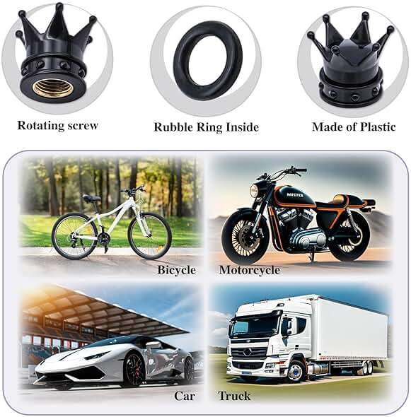 MEAJOO 4PCS Crown Tire Valve Stem Caps, with O Rubber Ring, Tire Air Valve Cap Plastic with Brass Core, Universal Cars, SUV, Trucks, Bikes, Motorcycles, Bicycles (Black) - Image 6