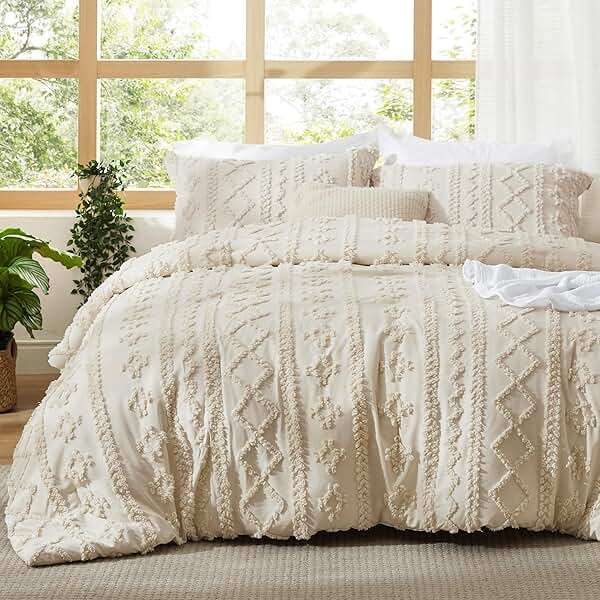 Bedsure Tufted Boho Comforter Set Queen Size - Beige Boho Bed Set, GentleSoft™ 3 Pieces Farmhouse-Style Embroidery Bedding, Gifts for Woman, Soft Jacquard Kids' Queen Comforter for All Seasons - Image 1