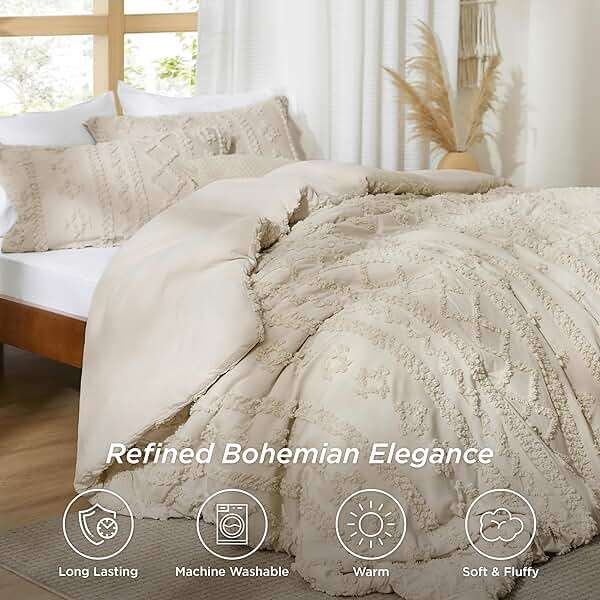 Bedsure Tufted Boho Comforter Set Queen Size - Beige Boho Bed Set, GentleSoft™ 3 Pieces Farmhouse-Style Embroidery Bedding, Gifts for Woman, Soft Jacquard Kids' Queen Comforter for All Seasons - Image 2
