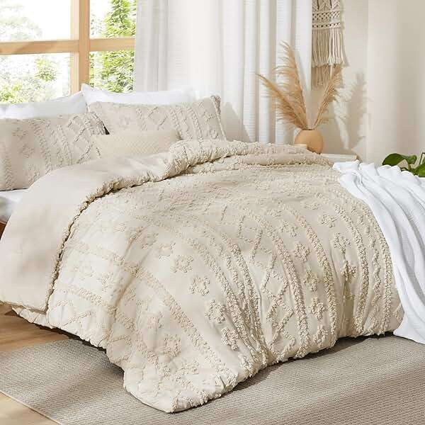 Bedsure Tufted Boho Comforter Set Queen Size - Beige Boho Bed Set, GentleSoft™ 3 Pieces Farmhouse-Style Embroidery Bedding, Gifts for Woman, Soft Jacquard Kids' Queen Comforter for All Seasons - Image 4