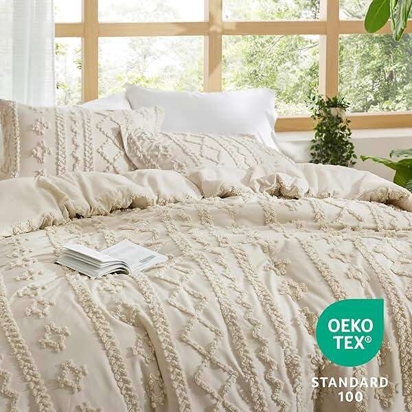 Bedsure Tufted Boho Comforter Set Queen Size - Beige Boho Bed Set, GentleSoft™ 3 Pieces Farmhouse-Style Embroidery Bedding, Gifts for Woman, Soft Jacquard Kids' Queen Comforter for All Seasons - Image 5