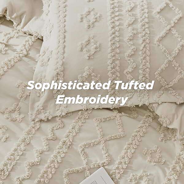 Bedsure Tufted Boho Comforter Set Queen Size - Beige Boho Bed Set, GentleSoft™ 3 Pieces Farmhouse-Style Embroidery Bedding, Gifts for Woman, Soft Jacquard Kids' Queen Comforter for All Seasons - Image 6