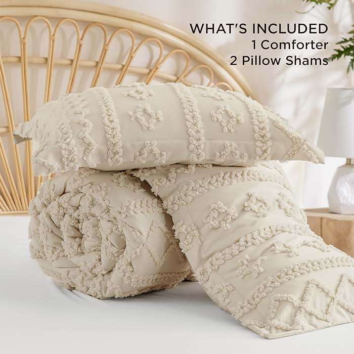 Bedsure Tufted Boho Comforter Set Queen Size - Beige Boho Bed Set, GentleSoft™ 3 Pieces Farmhouse-Style Embroidery Bedding, Gifts for Woman, Soft Jacquard Kids' Queen Comforter for All Seasons - Image 7