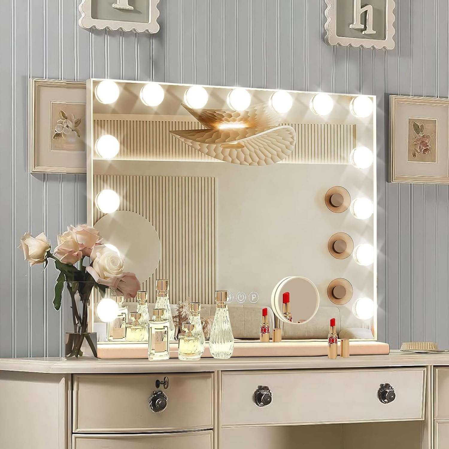 Ratsamee Hollywood Vanity Mirror with Lights, 23" x 18", 15 Dimmable Bulbs, 3 Color Lights, Make Up Lighted Mirror, USB Charging Port, Gifts for Women Wife Teengirls White - Image 1