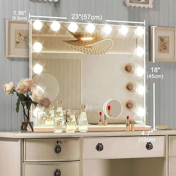 Ratsamee Hollywood Vanity Mirror with Lights, 23" x 18", 15 Dimmable Bulbs, 3 Color Lights, Make Up Lighted Mirror, USB Charging Port, Gifts for Women Wife Teengirls White - Image 2