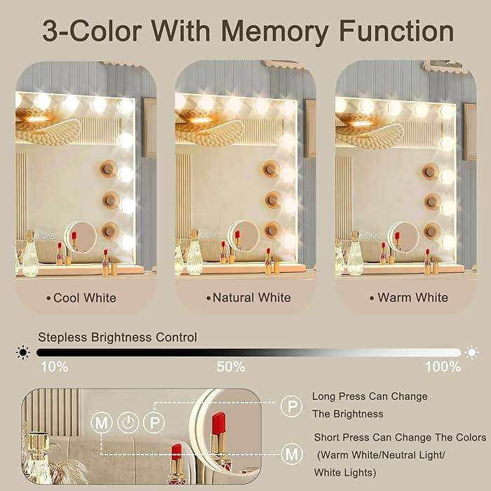Ratsamee Hollywood Vanity Mirror with Lights, 23" x 18", 15 Dimmable Bulbs, 3 Color Lights, Make Up Lighted Mirror, USB Charging Port, Gifts for Women Wife Teengirls White - Image 4