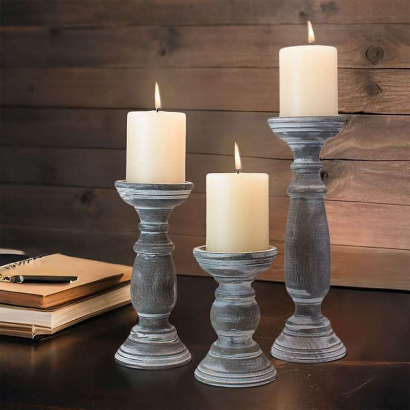 BANOMII Rustic Wooden Pillar Candle Holders Set of 3, 12'' 9'' 6'' Farmhouse Wood Candle Stand for Table Centerpieces, Vintage Tall Candleholders Fireplace Mantel Decor for Living Room, Grey - Image 4