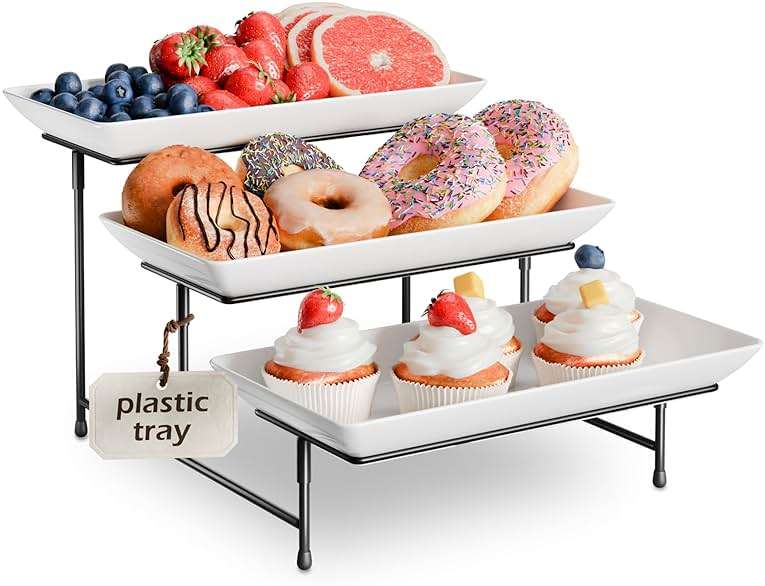 3-Tier Melamine Serving Tray Set, 11.5" x 5.6" Platters for Serving Food, White Reusable Trays with Black Metal Display Stand for Cupcakes, Sevring Food, Dessert, Fruit, Cookie, Black - Image 1
