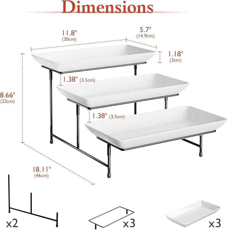 3-Tier Melamine Serving Tray Set, 11.5" x 5.6" Platters for Serving Food, White Reusable Trays with Black Metal Display Stand for Cupcakes, Sevring Food, Dessert, Fruit, Cookie, Black - Image 3