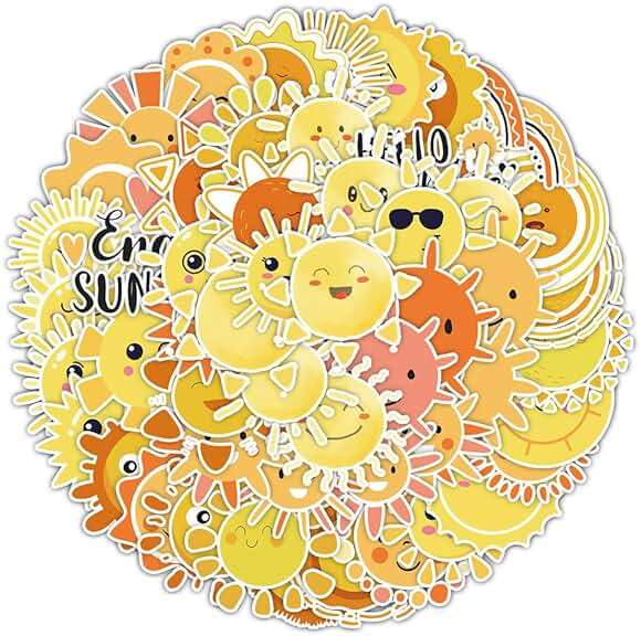 Ratgoo 50 Pcs Lovely Sun Stickers Pack – Cute Yellow Aesthetic Sunshine Waterproof Vinyl Decal Stickers for Water Bottles Laptop Luggage Cup Skateboard Guitar Journal Scrapbook - Image 1