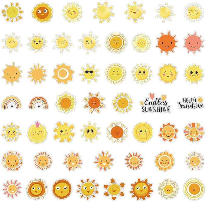 Ratgoo 50 Pcs Lovely Sun Stickers Pack – Cute Yellow Aesthetic Sunshine Waterproof Vinyl Decal Stickers for Water Bottles Laptop Luggage Cup Skateboard Guitar Journal Scrapbook - Image 3
