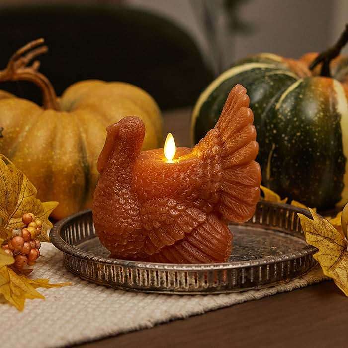 Luminara Flameless Fall Harvest Decor - Turkey Figural LED Candle Natural Color, Adobe, 5.3" x 7.5" Real Wax Moving Flame Battery Operated w/Timer - Image 2