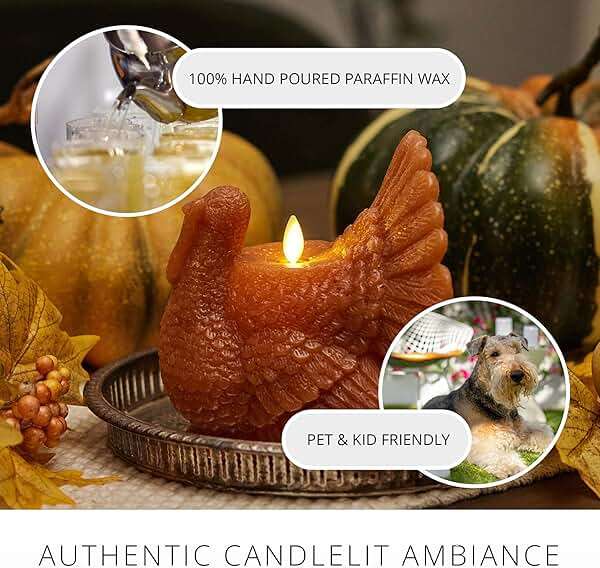 Luminara Flameless Fall Harvest Decor - Turkey Figural LED Candle Natural Color, Adobe, 5.3" x 7.5" Real Wax Moving Flame Battery Operated w/Timer - Image 5