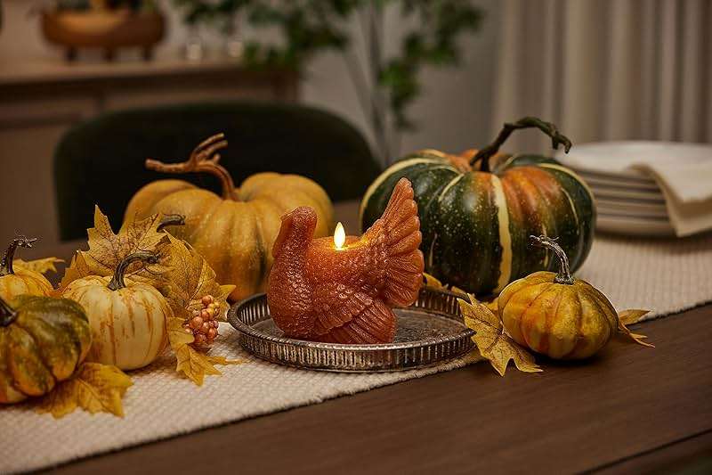 Luminara Flameless Fall Harvest Decor - Turkey Figural LED Candle Natural Color, Adobe, 5.3" x 7.5" Real Wax Moving Flame Battery Operated w/Timer - Image 7