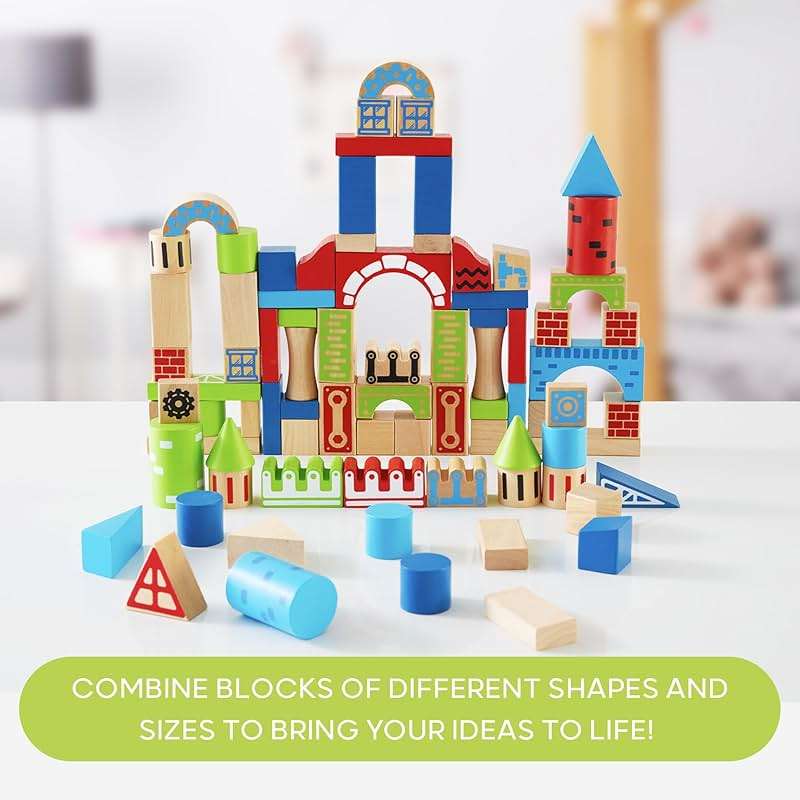 Discovery™ Wood Castle Blocks 80-Piece [Amazon Exclusive] Natural Wooden Building & Stacking Set, Imagination & Creativity Kids Activity Kit, Preschool Toddler Child Safe, Learning Playset Toy - Image 3