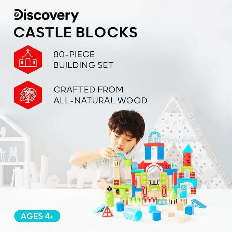 Discovery™ Wood Castle Blocks 80-Piece [Amazon Exclusive] Natural Wooden Building & Stacking Set, Imagination & Creativity Kids Activity Kit, Preschool Toddler Child Safe, Learning Playset Toy - Image 5