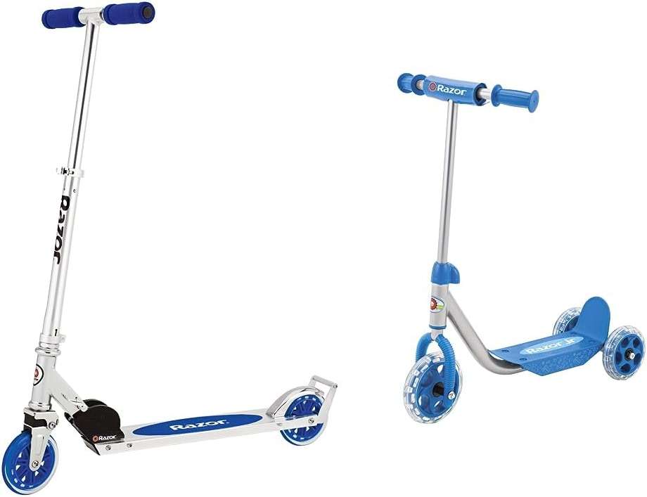 Razor A3 Kick Scooter for Kids Ages 5+ - Foldable, Lightweight, Large Wheels, Front Vibration Reducing System, Adjustable Handlebars, for Riders up to 143 lbs, Blue & Jr. Lil' Kick Scooter - Image 1