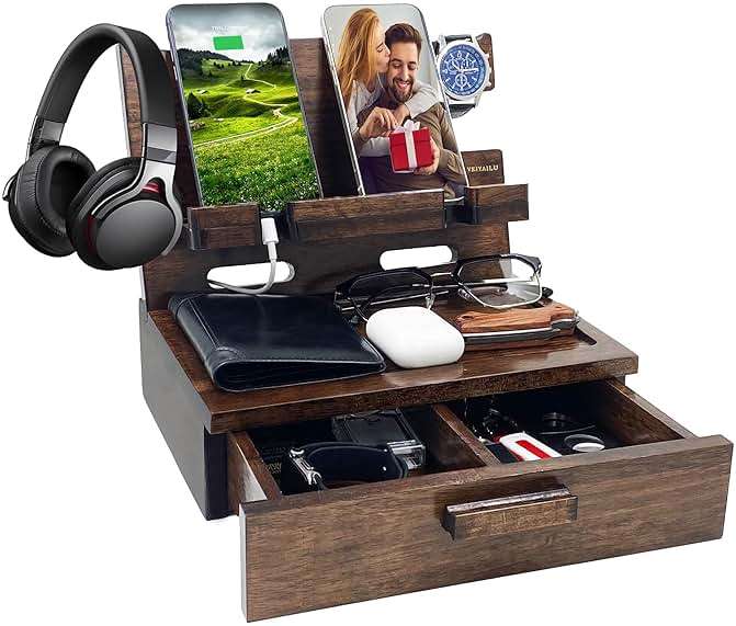 VEIYAILU Gifts for Men Women Husband Son Boyfriend Him Nightstand Organizer Wood Phone Docking Station Birthday Gifts (Walnut) - Image 1