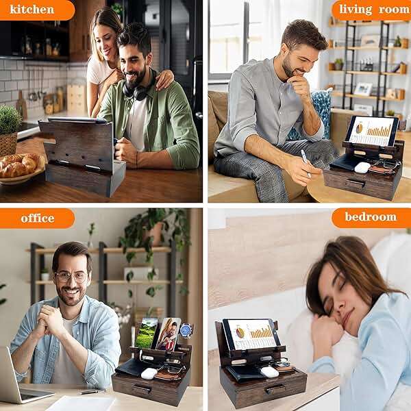 VEIYAILU Gifts for Men Women Husband Son Boyfriend Him Nightstand Organizer Wood Phone Docking Station Birthday Gifts (Walnut) - Image 4