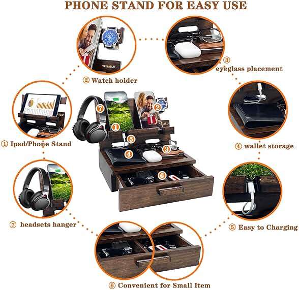 VEIYAILU Gifts for Men Women Husband Son Boyfriend Him Nightstand Organizer Wood Phone Docking Station Birthday Gifts (Walnut) - Image 5
