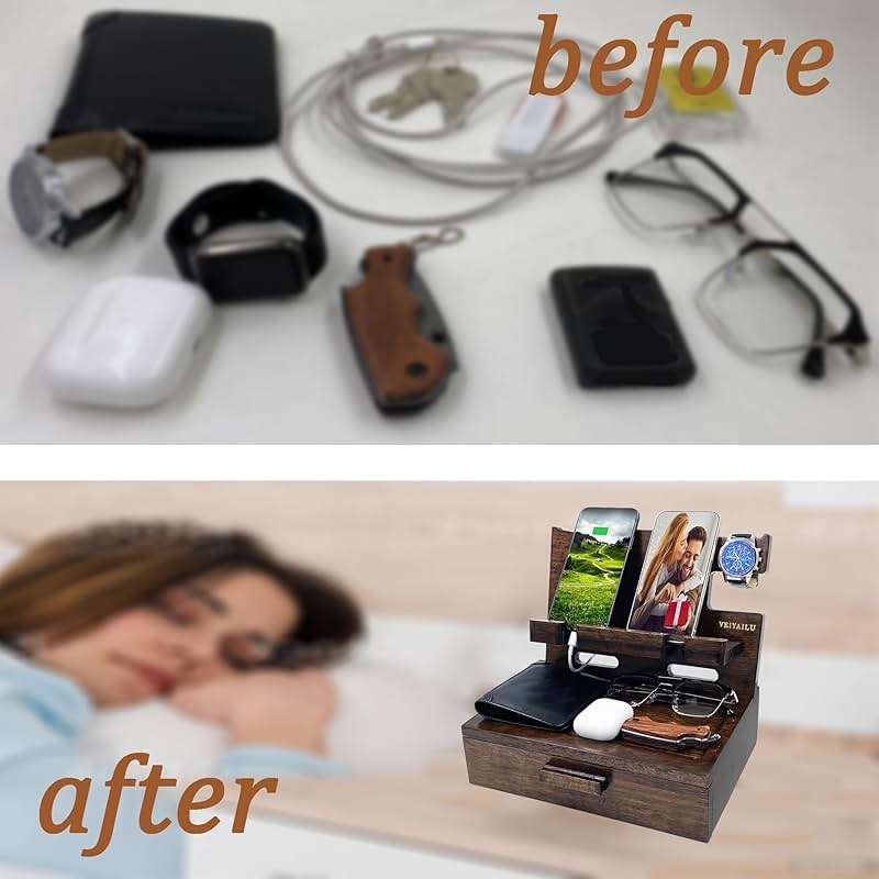 VEIYAILU Gifts for Men Women Husband Son Boyfriend Him Nightstand Organizer Wood Phone Docking Station Birthday Gifts (Walnut) - Image 7