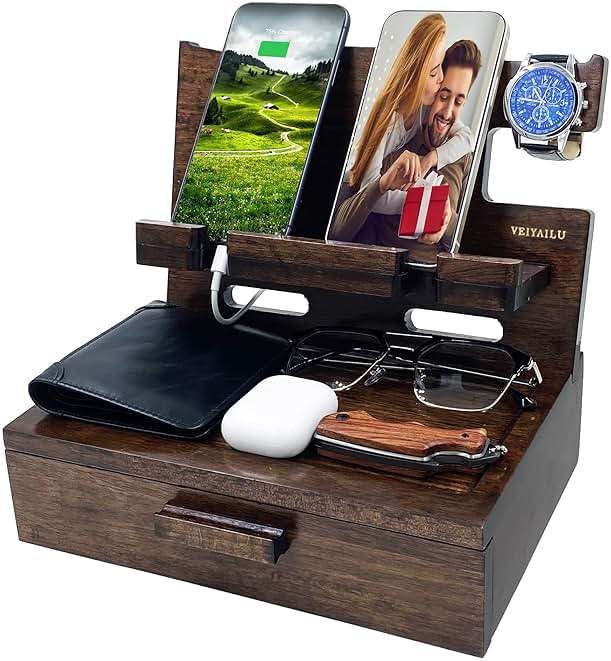 VEIYAILU Gifts for Men Women Husband Son Boyfriend Him Nightstand Organizer Wood Phone Docking Station Birthday Gifts (Walnut) - Image 8