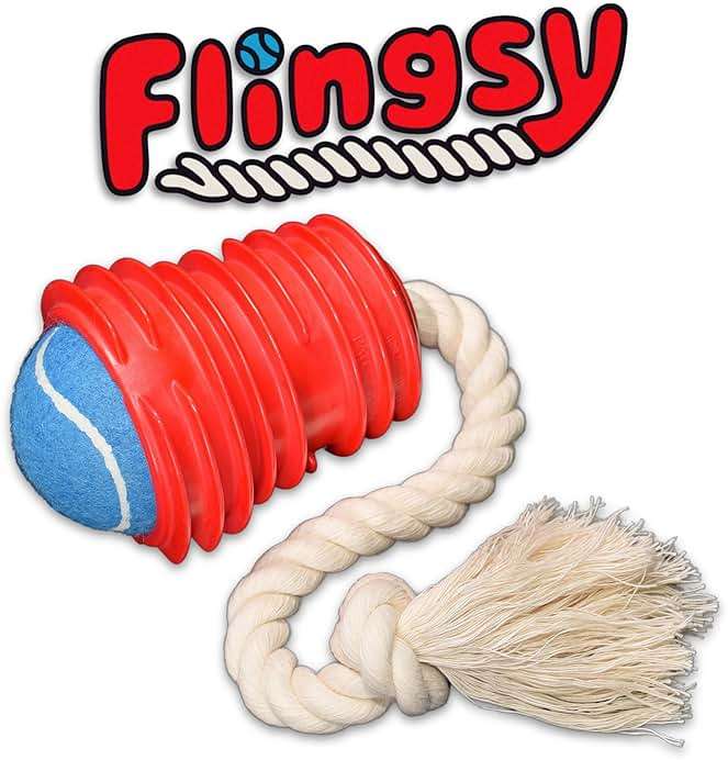 Flingsy Made in USA Flingsy Dog Ball Launcher and Rope Tug Fetch Thrower Combination Throwing Toy with 100-Percent Natural Cotton Rope - Image 1