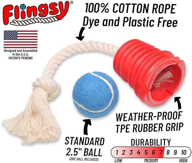 Flingsy Made in USA Flingsy Dog Ball Launcher and Rope Tug Fetch Thrower Combination Throwing Toy with 100-Percent Natural Cotton Rope - Image 3