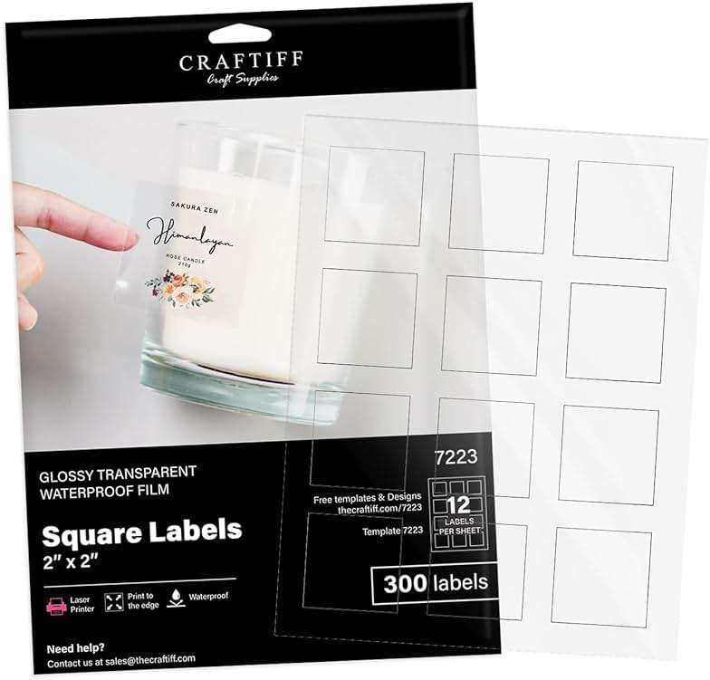 2x2 Clear Square Labels Stickers Glossy for Laser Printer, Pack of 300, Transparent self Adhesive Vinyl Paper Craftiff - Image 1