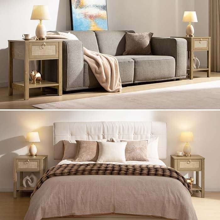 SICOTAS Rattan Nightstand Set of 2, Rattan Decor Drawer with Brass Knobs Night Stand Bedside Table Boho End Tables Side Tables with Storage Shelf for Bedroom,Small Space - Image 6