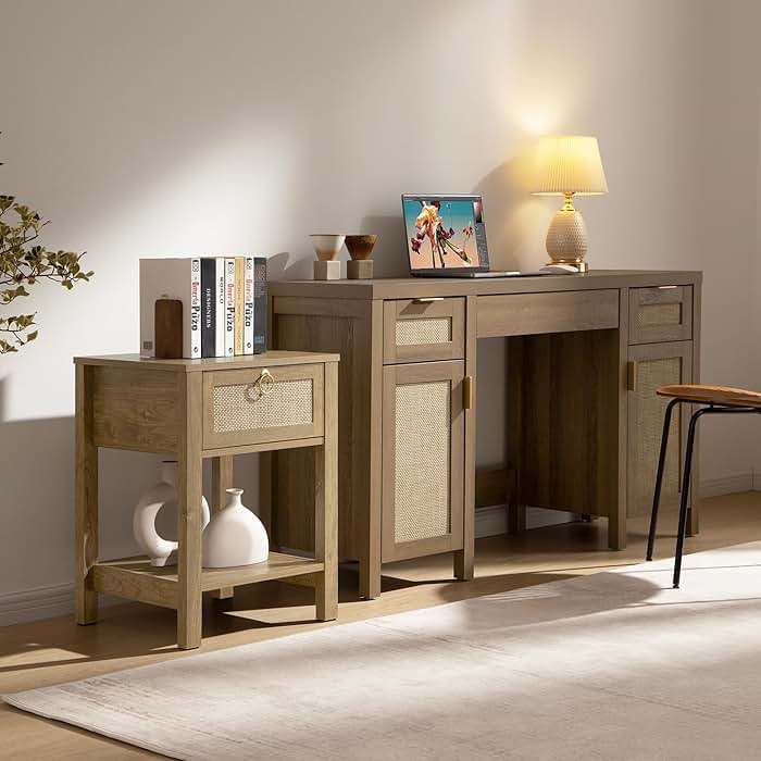 SICOTAS Rattan Nightstand Set of 2, Rattan Decor Drawer with Brass Knobs Night Stand Bedside Table Boho End Tables Side Tables with Storage Shelf for Bedroom,Small Space - Image 7